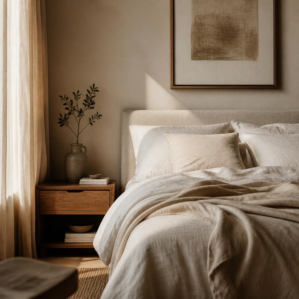 Rustige slaapkamer met linnen sprei, schemerlicht en kunstwerk
