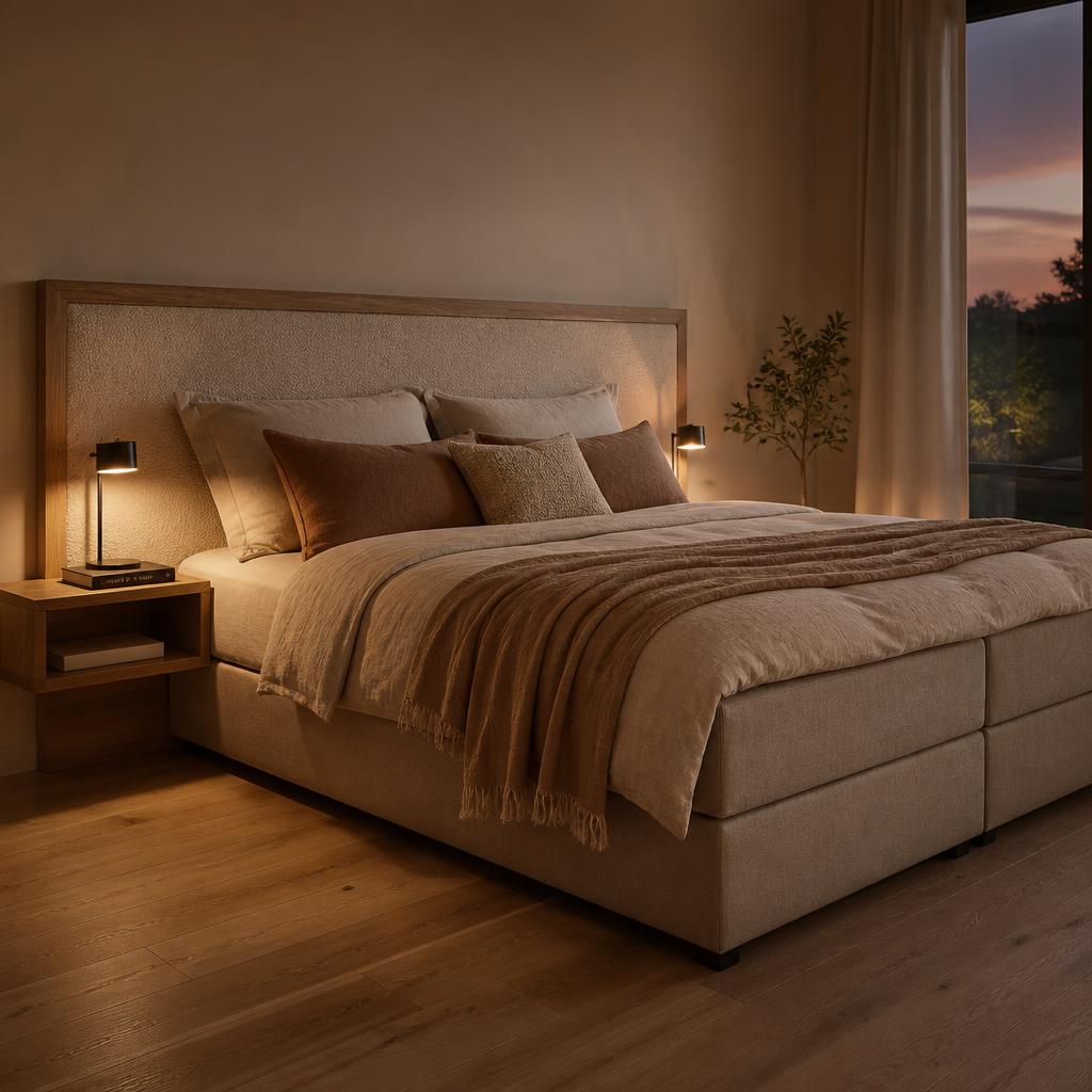 Beka boxspring met natuurlijke linnen sprei in een lichte slaapkamer