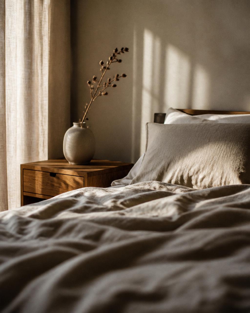 Slaapkamer met Beka boxspring, linnen lakens en eikenhouten nachtkastje