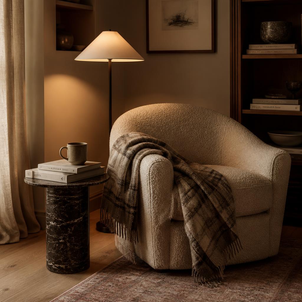 Fauteuil met plaid, boek en leeslamp in een rustige hoek